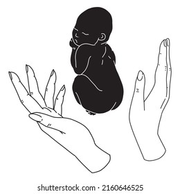 Vector illustration of a newborn baby in mother's hands. Sleeping baby for greeting cards, postcards, invitations, banners, illustrations, books, covers.