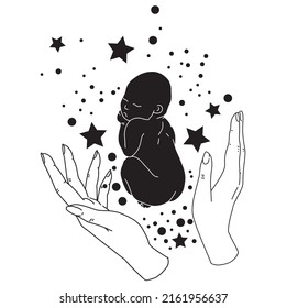 Vector illustration of a newborn baby in mother's hands. Sleeping baby for greeting cards, postcards, invitations, banners, illustrations, books, covers.