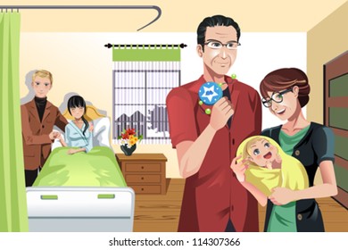 A vector illustration of a newborn baby with parents and grandparents