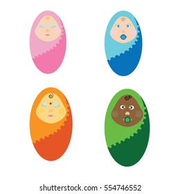 vector illustration newborn children of different nations. The kids wrapped in a blanket. Little baby