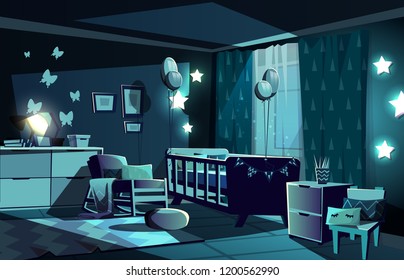 Vector Illustration Of Newborn Kid Or Nursery Room At Night In Moonlight. Modern Interior With Bed, Shining Stars And Furniture In Scandinavian Style. Chair With Pillow, Carpet And Butterflies On Wall