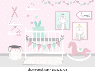 Vector illustration of a newborn room for girls. The concept of children's interior design in a modern style: crib, cradle, garland, posters, rocking horse, shelf, children's mobile, basket.