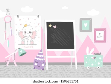 Vector illustration of a newborn room for girls. The concept of children's interior design in a modern style: poster, slate, pillow, box with toys, lamp, paintings.