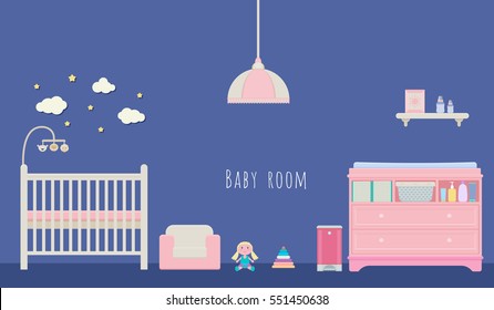 Vector Illustration Of Newborn Room Interior Design: Craddle, Lamp, Armchair, Doll, Nesting Blocks, Diaper Pail, Baby Changing Table With Chest Drawers And A Shelf.