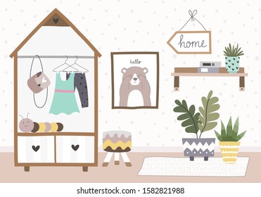 Vector Illustration Of A Newborn Room In Unisex Style. The Concept Of Children's Interior Design In A Modern Style: Wardrobe, Chair, Poster, Plants, Shelf, Books, Carpet.