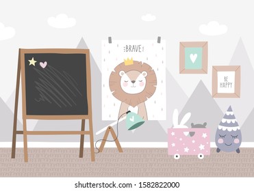 Vector illustration of a newborn room in unisex style. The concept of children's interior design in a modern style: poster, slate, pillow, box with toys, lamp, paintings.