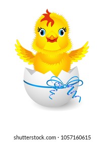 Vector Illustration. Newborn small chicken in egg shell.