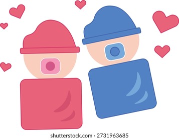 Vektorgrafik von neugeborenen Zwillingen, einem Jungen und einem Mädchen, nebeneinander. Mit stilisierten Baby-Ikonen in blauen und rosa Sätteln mit passenden Hüten und Schnuller, umgeben von schwebenden rosa Herzen.