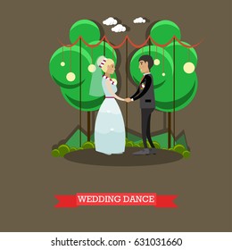 Vector illustration of newly married couple dancing. Wedding dance flat style design element.