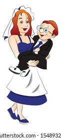 Vector illustration of newlywed bride lifting her man.