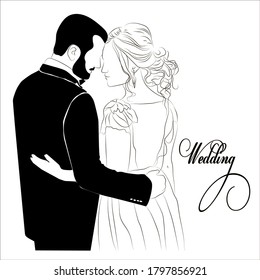 Vector illustration of newlywed couple. Sketch of a man and a woman in wedding clothes. Isolated image of the bride and groom.