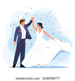 Vector illustration of newlyweds. Cartoon scene with a happy couple who just got married and became family and they are sprinkled with confetti on white background.