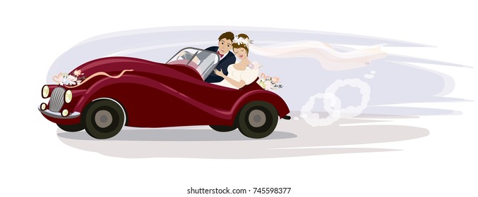 Vector illustration. Newlyweds riding in a wedding retro car