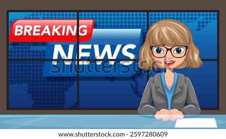 Vector illustration of a news anchor at a desk, featuring bold colors and a modern, professional style