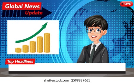 Vector illustration of a news anchor with a financial growth chart, featuring vibrant colors and modern design elements
