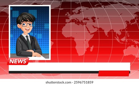 Vector illustration of a news anchor with a global map background, featuring vibrant colors and a modern design