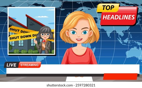 Vector illustration of a news anchor with a global map background, highlighting a live report on a shutdown event