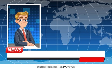 Vector illustration of a news anchor with a global map background, featuring vibrant colors and a modern design