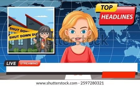 Vector illustration of a news anchor with a global map background, highlighting a live report on a shutdown event