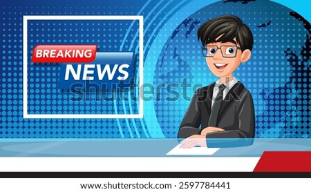 Vector illustration of a news anchor in a modern studio setting, featuring vibrant colors and a digital background