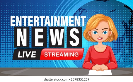 Vector illustration of a news anchor presenting entertainment news. Features vibrant colors and modern design elements for digital media