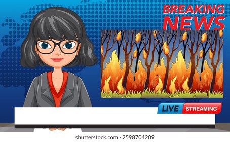 Vector illustration of a news anchor reporting on a forest fire, featuring vibrant colors and dynamic composition