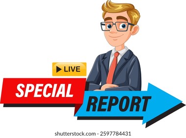 Vector illustration of a news anchor with 'Special Report' banner, featuring bold colors and a modern design