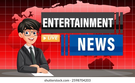 Vector illustration of a news anchor in a studio setting, featuring bold colors and a modern design with a global map backdrop