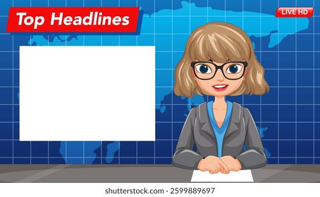 Vector illustration of a news anchor in a studio setting, featuring vibrant colors and a modern, professional style