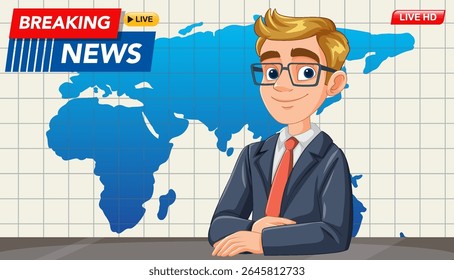 Vector illustration of a news anchor in a studio setting, featuring a world map background and vibrant colors