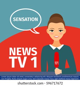 Vector illustration news anchor woman with speech bubble
