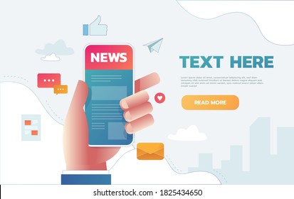 Vector illustration of news app on smartphone screen. Online reading news on smartphone. Modern concept for web banners, web sites or infographics.