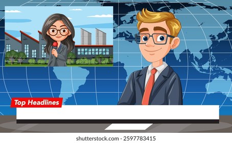 Vector illustration of a news broadcast with animated anchors. Features vibrant colors and a modern, digital style