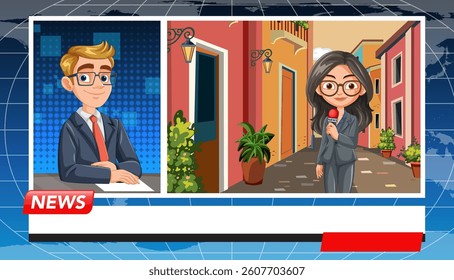 Vector illustration of a news broadcast featuring an anchor and a field reporter in vibrant colors and cartoon style