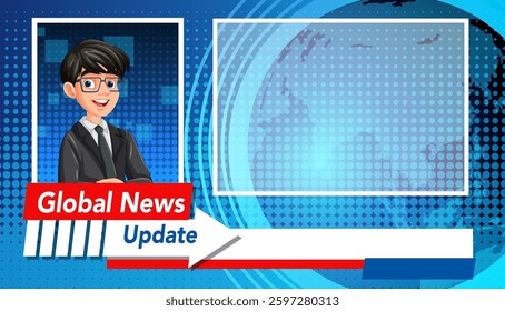 Vector illustration of a news broadcast layout featuring a cartoon anchor, vibrant colors, and a modern digital style