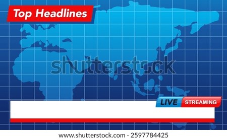 Vector illustration of a news broadcast template featuring a world map, grid background, and live streaming banner