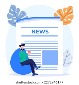 Ilustración vectorial. Concepto de noticias, diseño plano leyendo noticias de periódicos en línea, personajes de personas con periódico, publicidad, vacante de trabajo. Perfecto para sitios web, páginas de inicio, afiches y banners.