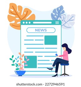 Ilustración vectorial. Concepto de noticias, diseño plano leyendo noticias de periódicos en línea, personajes de personas con periódico, publicidad, vacante de trabajo. Perfecto para sitios web, páginas de inicio, afiches y banners.