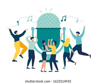 vector illustration, news, interviews, music, voice acting, sound recording on the radio into a microphone, teamwork,a group of people dancing and having fun to the music