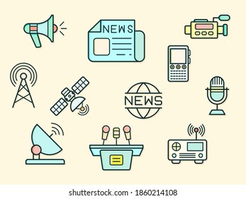 Ilustración vectorial de una noticia y elementos periodísticos. Contiene micrófono, cámara, estación, megáfono, satélite y más. Dibujo de línea de estilo de ilustración plana y color beige de fondo.