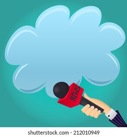 Vector Illustration of News Microphone TV Interwiew for  Design, Website, Background Banner. Speech Bubble Journalist Template. Cartoon Paparazzi Media