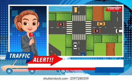 Vector illustration of a news reporter with a live traffic update. Features vibrant colors and a modern, cartoon style