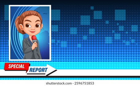 Vector illustration of a news reporter with a microphone, featuring a digital background and vibrant blue tones