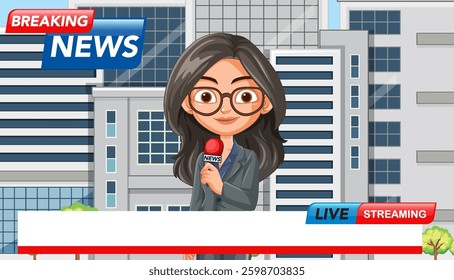 Vector illustration of a news reporter with microphone, set against a cityscape backdrop, featuring vibrant colors and modern design