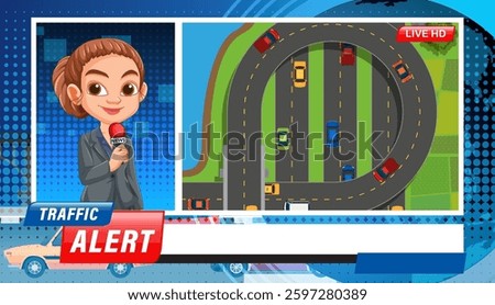 Vector illustration of a news reporter presenting a live traffic update with colorful cars and roads in the background