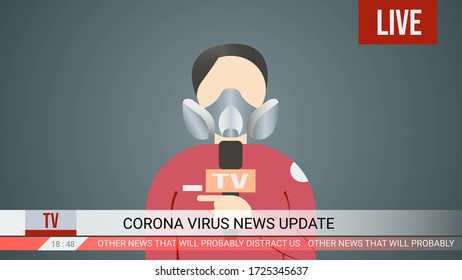 Vector illustration of a news reporter, reporting news about corona virus, while wearing respirator masker.