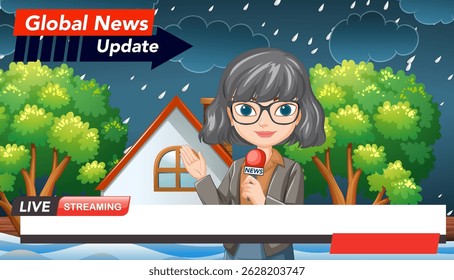 Vector illustration of a news reporter in a stormy setting, featuring vibrant colors and dynamic composition