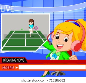 Vector Illustration Of News Reporter Tennis Sport