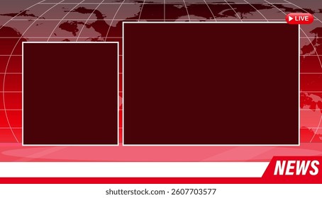 Vector illustration of a news template with a red global map background, ideal for media presentations and broadcasts