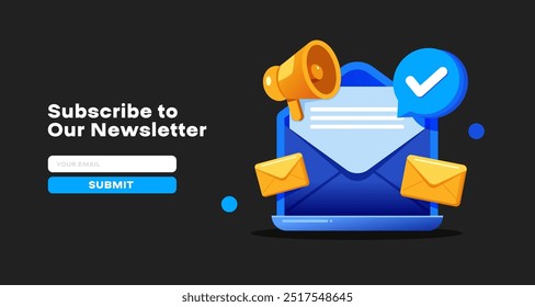 Ilustração vetorial de um formulário de assinatura de newsletter com envelope, megafone e botão Enviar. Ideal para designs de Web e aplicativos, promovendo assinaturas de e-mail e campanhas de marketing digital.